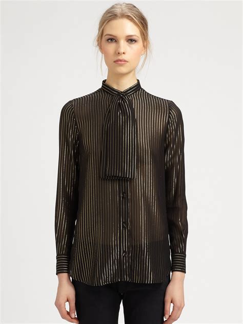 ysl long sleeve black semi-sheer vertical wavy stripe top|Saint Laurent Tops for Women .